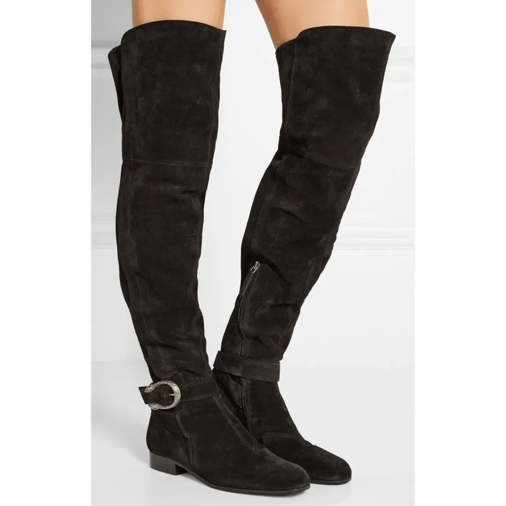 GUCCI Dionysus Black Suede Leather Over-The-Knee Boots Size 40 Luxury Buckle